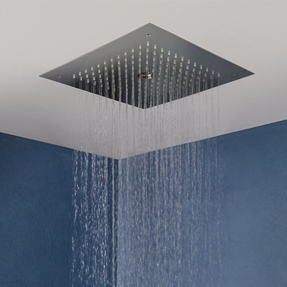 Product Lifestyle image of the Crosswater MPRO Stream Brushed Stainless Steel Shower Head switched to the rainfall setting